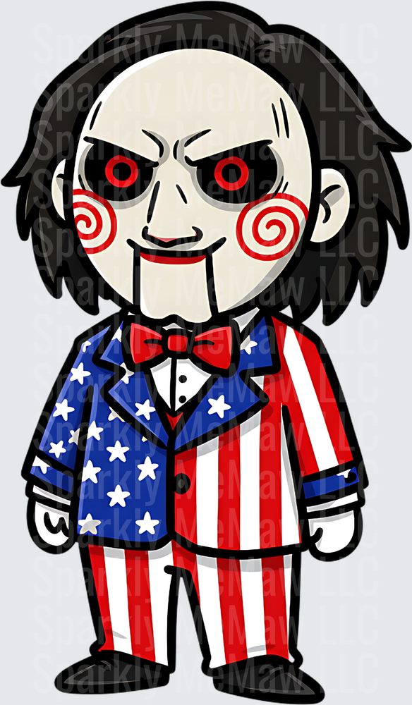 Billy the Puppet Saw Horror Character in Patriotic American Flag Suit UV DTF Decal