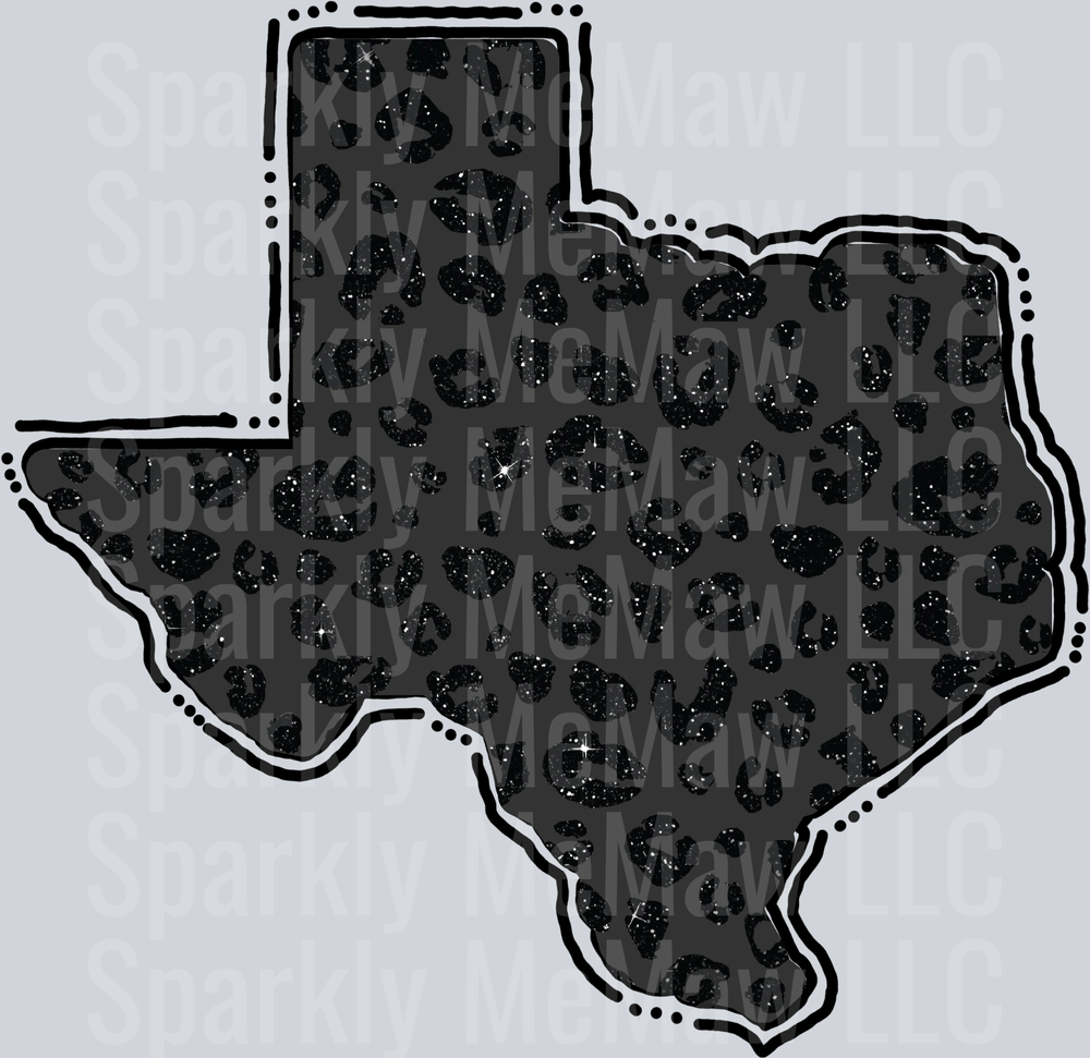 Texas State Outline with Black Glitter Leopard Print Pattern UV DTF Decal
