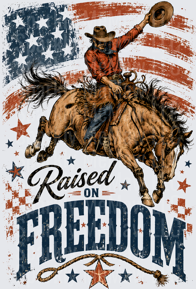 Raised on Freedom Patriotic Cowboy Rodeo Bronc Rider American Flag DTF Transfer for Fabric