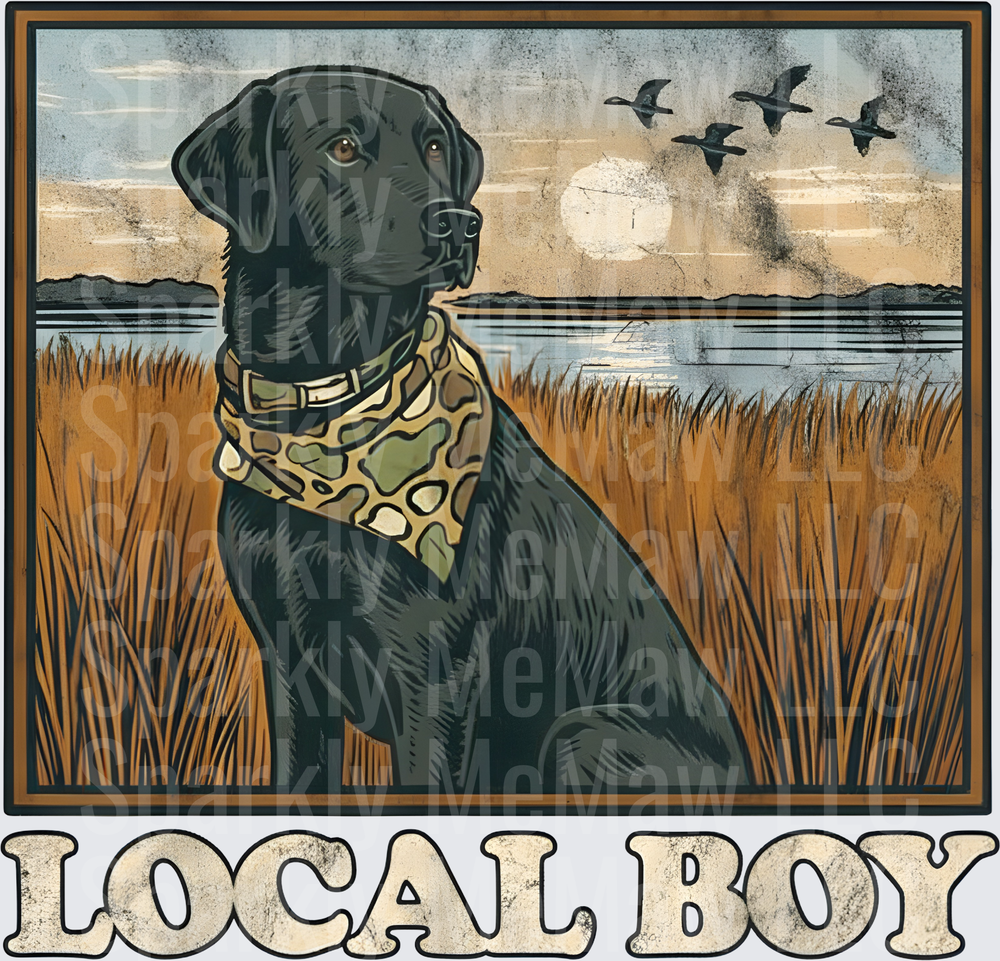 Black Lab Local Boy Duck Hunting Marsh Scene uv dtf decal