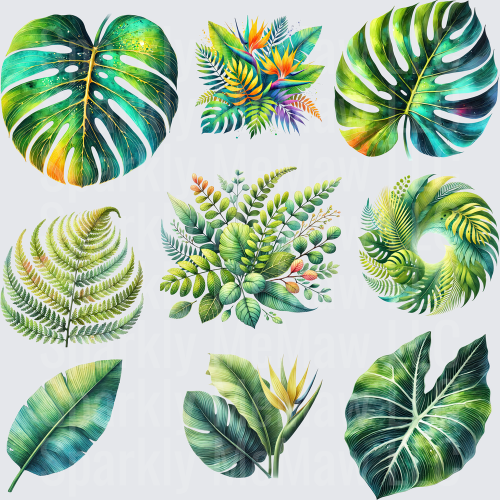 Watercolor Tropical Leaves Bundle 10x10 inch sheet