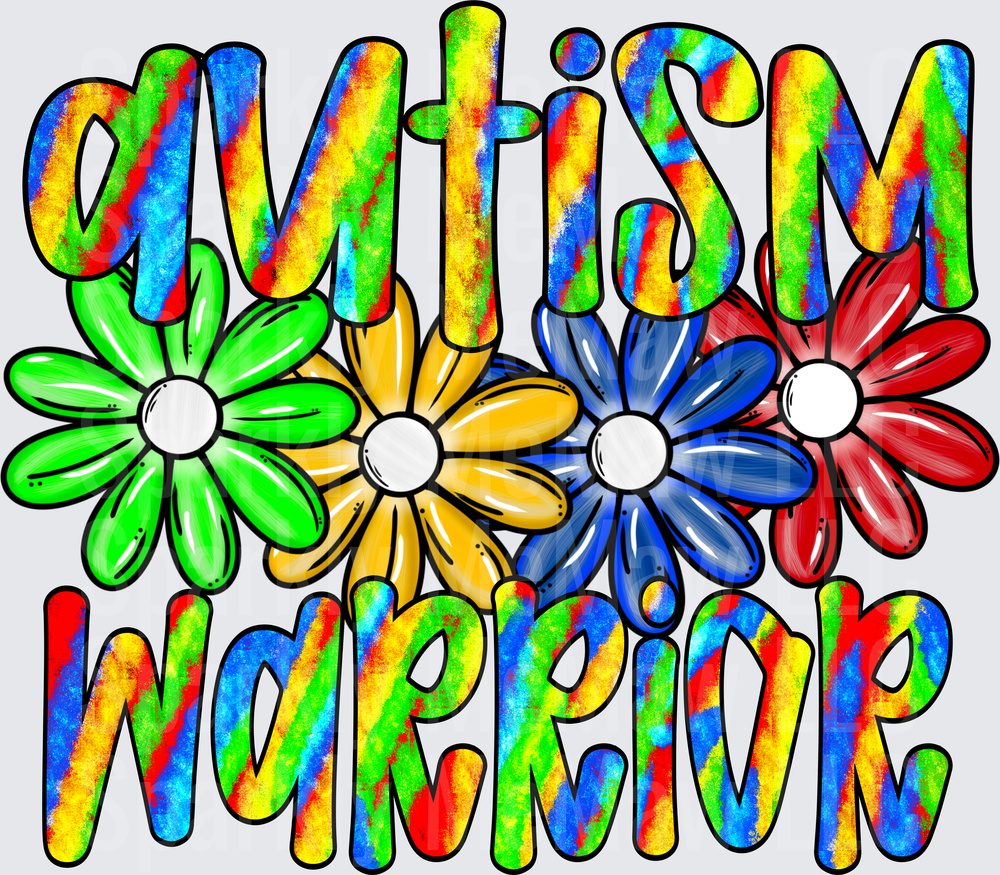 Autism Warrior Rainbow Tie Dye Text with Colorful Daisy Flowers UV DTF Decal