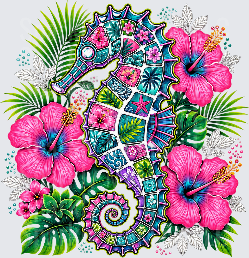 Tropical Seahorse Hibiscus Mosaic DTF Transfer for Fabrics