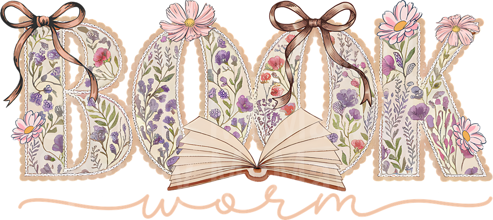 Book Worm Floral Typography with Open Book and Ribbon Bows UV DTF Decal