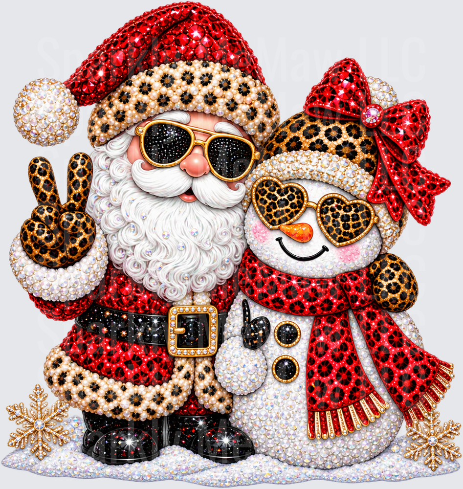 Blinged Leopard Santa Snowman DTF Transfer for Fabrics