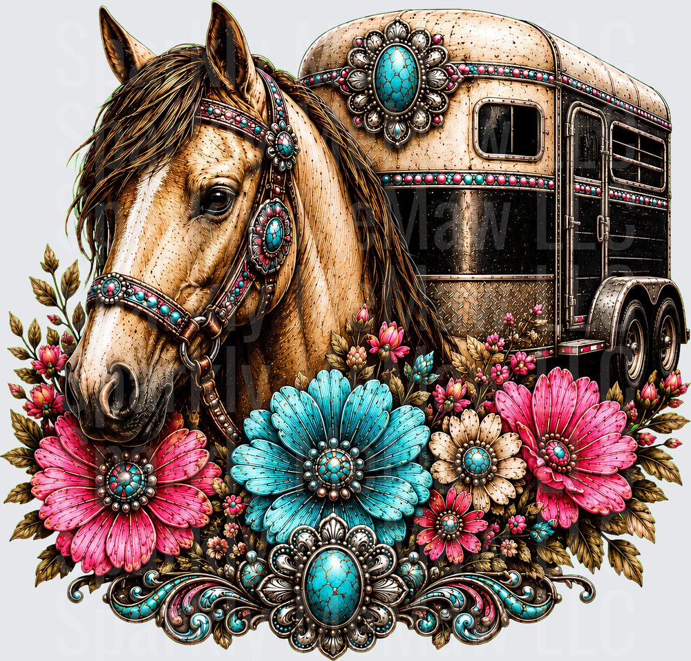 Floral Horse Trailer Western UV DTF Decal