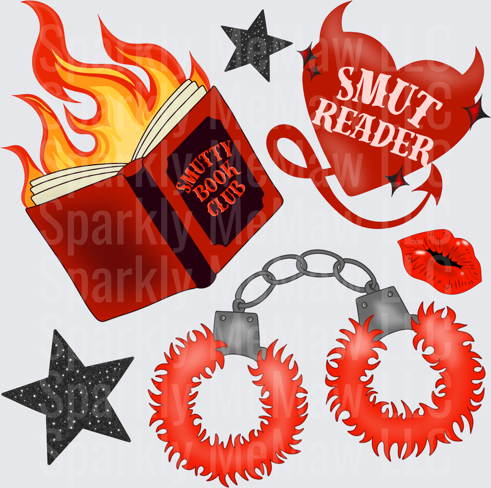 Smut Book Club Red Devil Heart Flaming Book Handcuffs Stars Lips UV DTF Decal