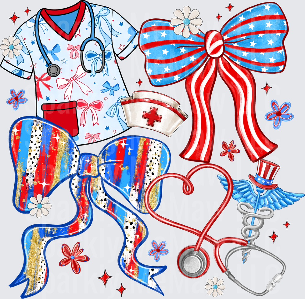 Patriotic Nurse Fourth of July UV DTF Decal featuring scrubs with stethoscope, nurse cap, heart stethoscope, caduceus with wings, American flag bows, red white and blue coquette ribbons, stars and sparkles floral accents