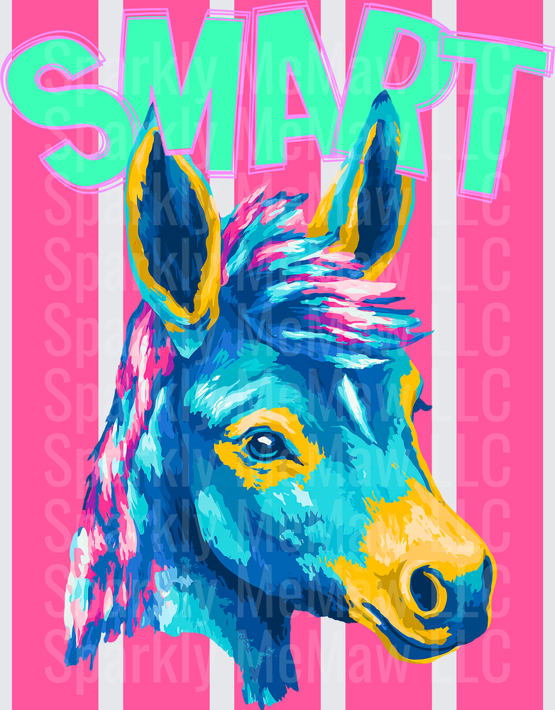 Colorful Pop Art Donkey Portrait with Smart Text on Pink Stripes UV DTF Decal