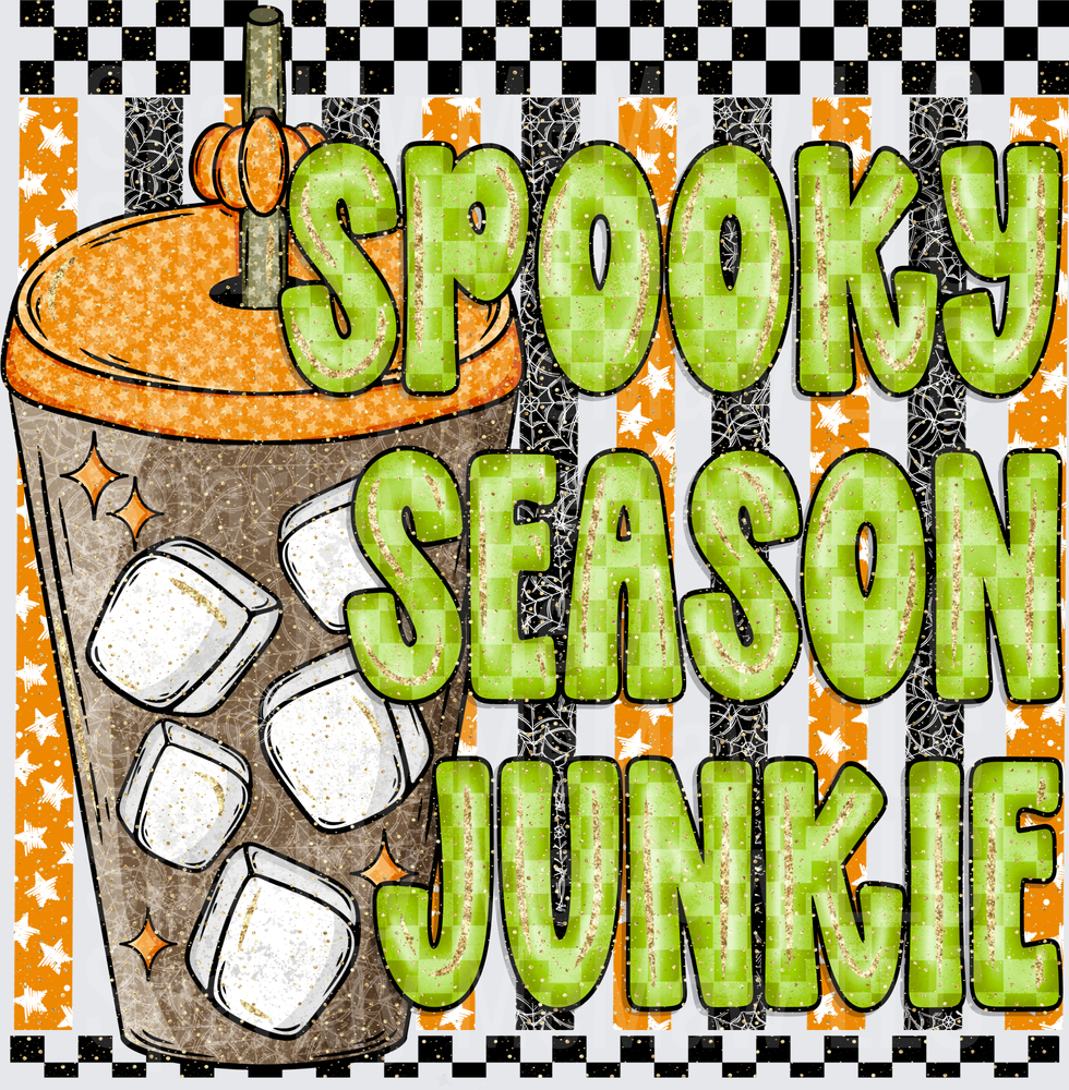 Spooky Season Junkie Halloween Iced Coffee Pumpkin Retro Checkered DTF Transfer