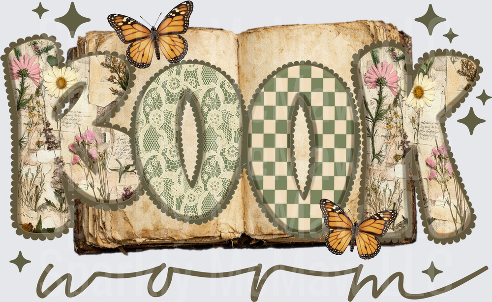 Vintage Book Pages Worn Text with Monarch Butterflies and Wildflowers UV DTF Decal