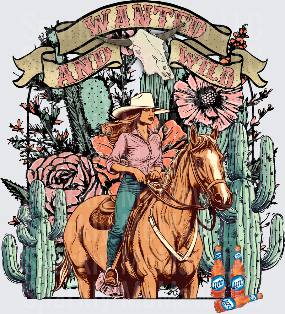 Wanted and Wild Western Cowgirl on Horse with Cactus Desert Scene UV DTF Decal