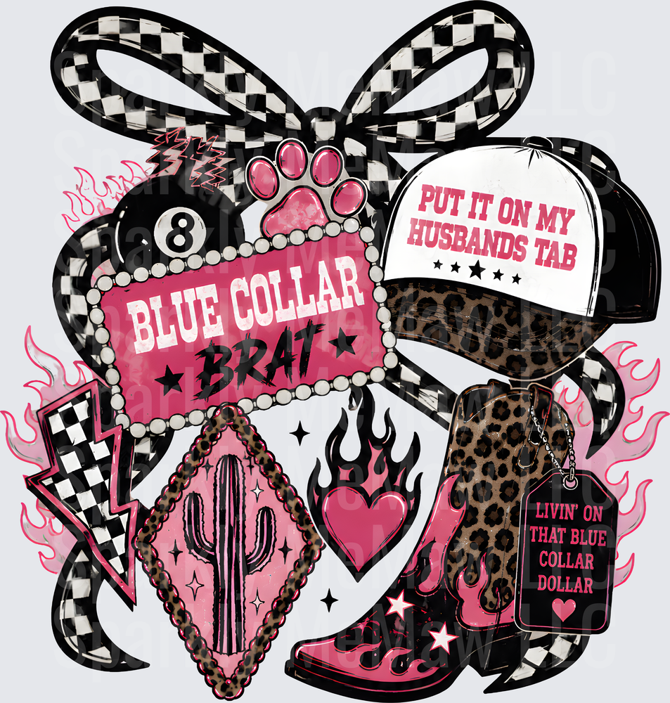 Blue Collar Brat Pink and Black Checkered Bow with Western Boots Cactus and Sassy Sayings DTF Transfer for Fabric