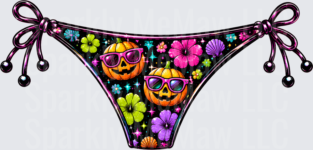 Cool Sunglasses Jack-o'-Lantern Pumpkins with Tropical Hibiscus Flowers and Seashells Bikini Bottom DTF Transfer for Fabric