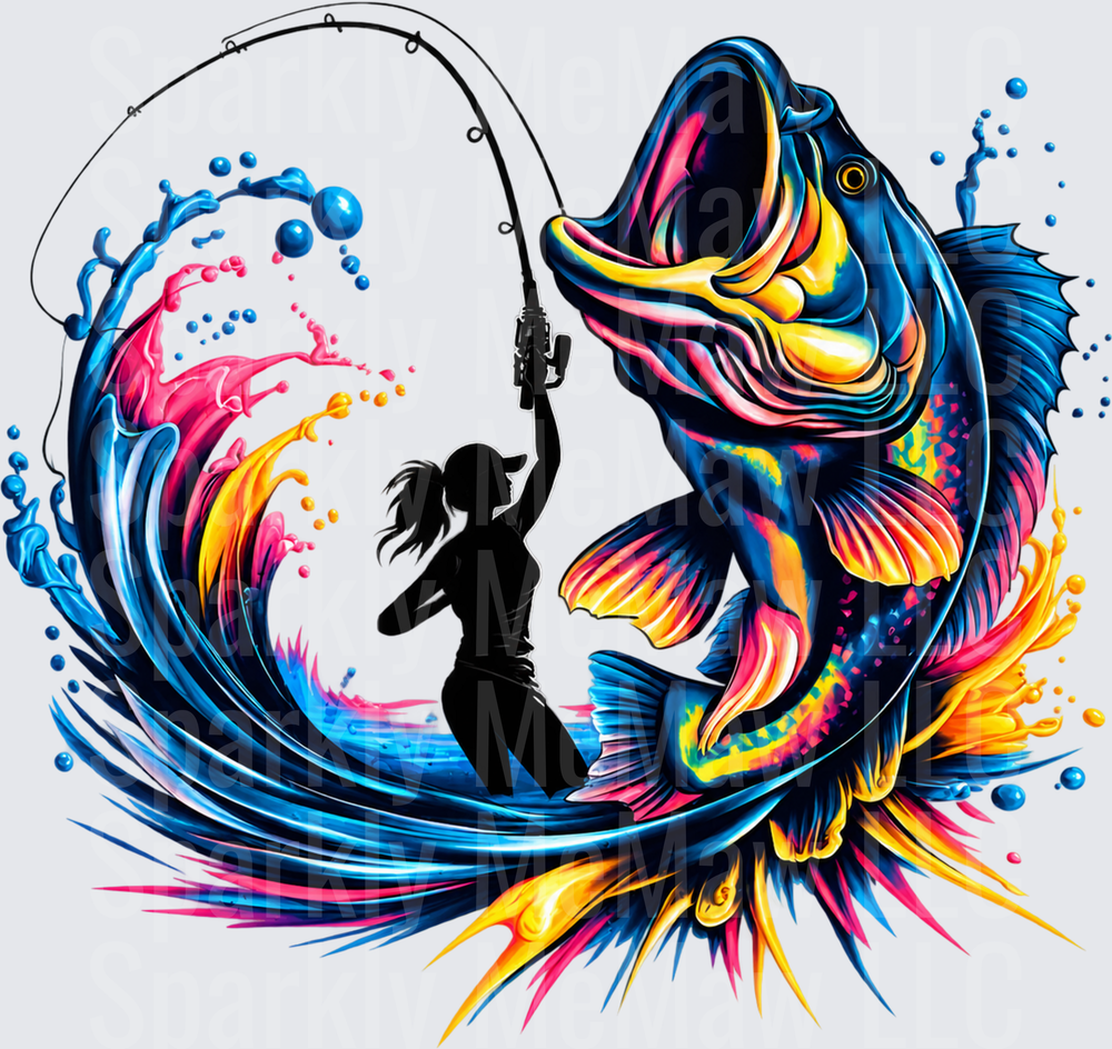 Woman Silhouette Reeling Colorful Bass DTF Transfer for Fabrics