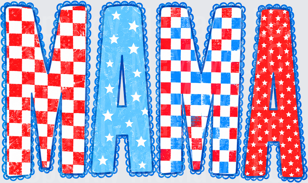 Patriotic MAMA DTF Transfer Red White Blue Stars Checkerboard Letters for Fabric