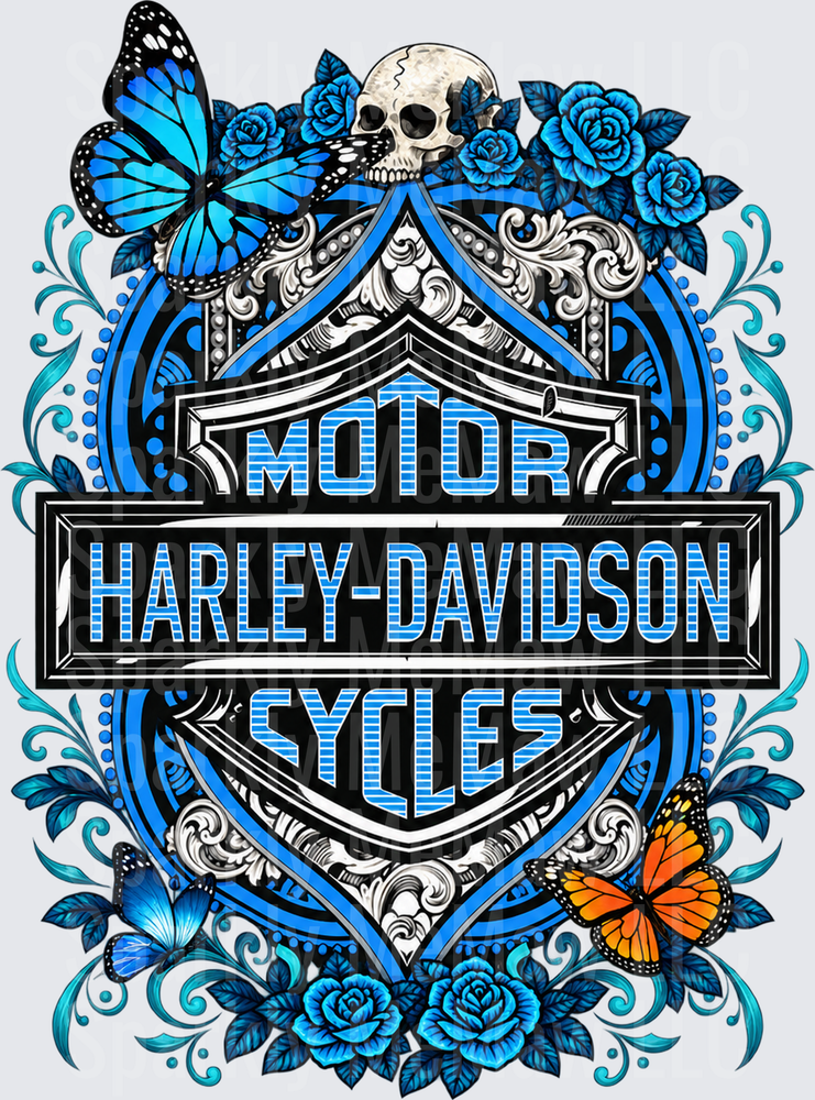 Harley-Davidson Floral Skull Blue is a DTF Transfer for Fabrics