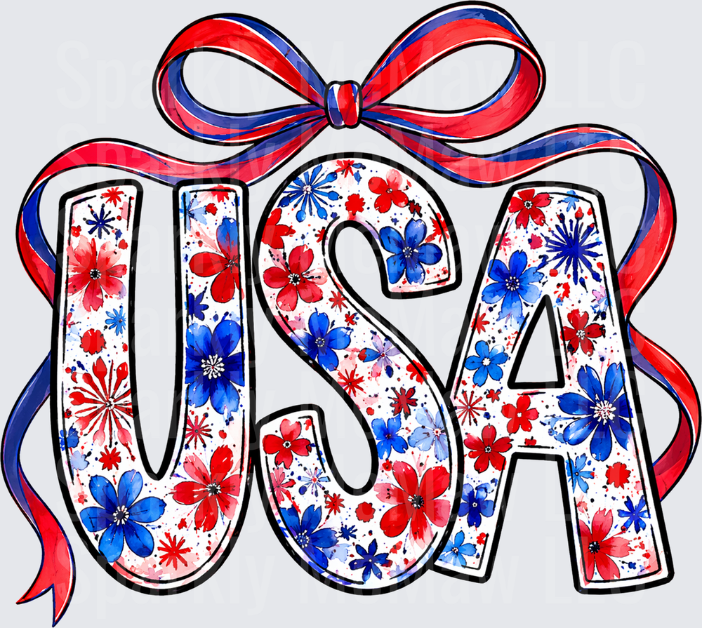 USA Red White Blue Floral Patriotic Bow Ribbon Design UV DTF Decal