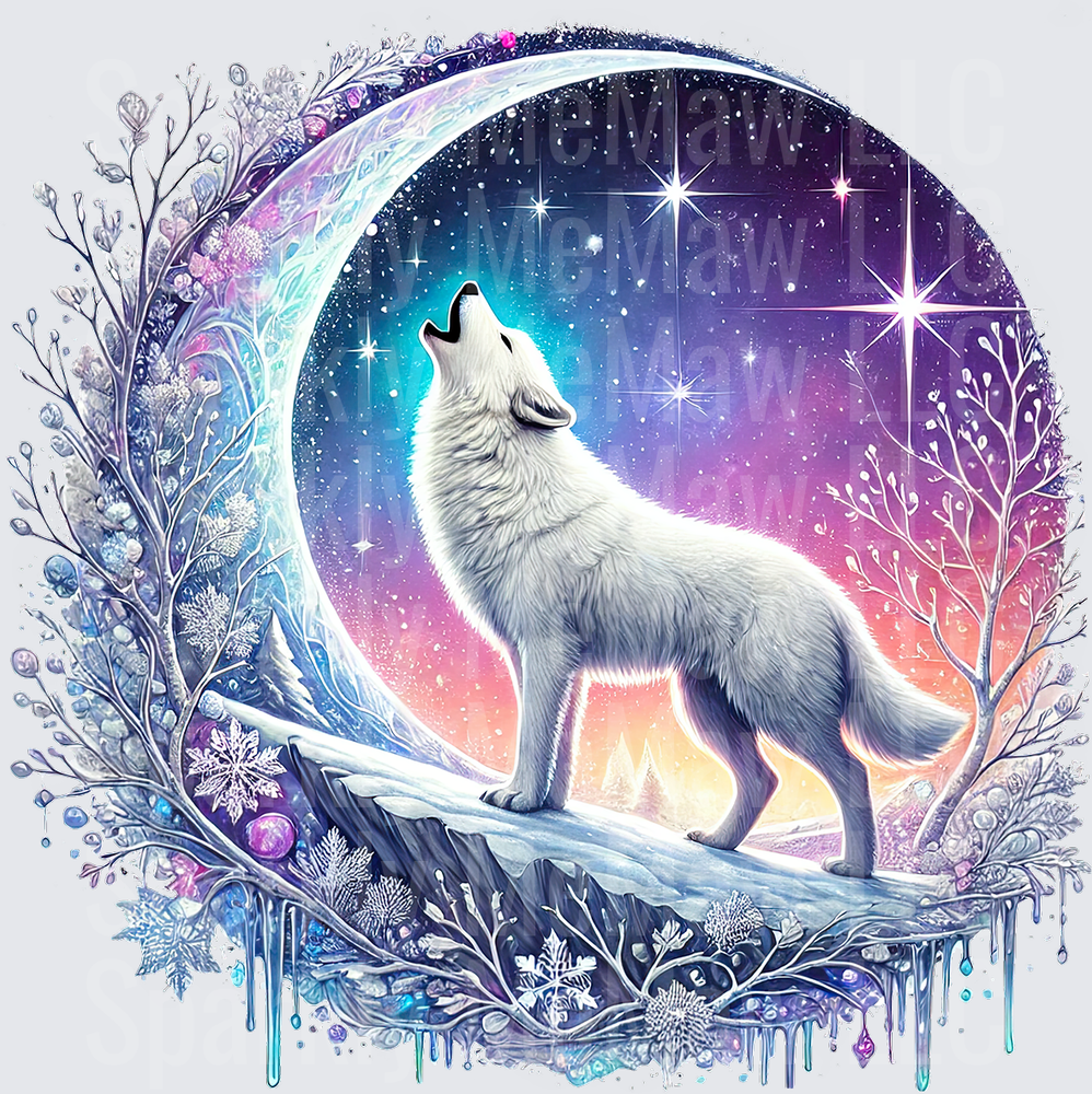 White Wolf Howling Crescent Moon UV DTF Decal