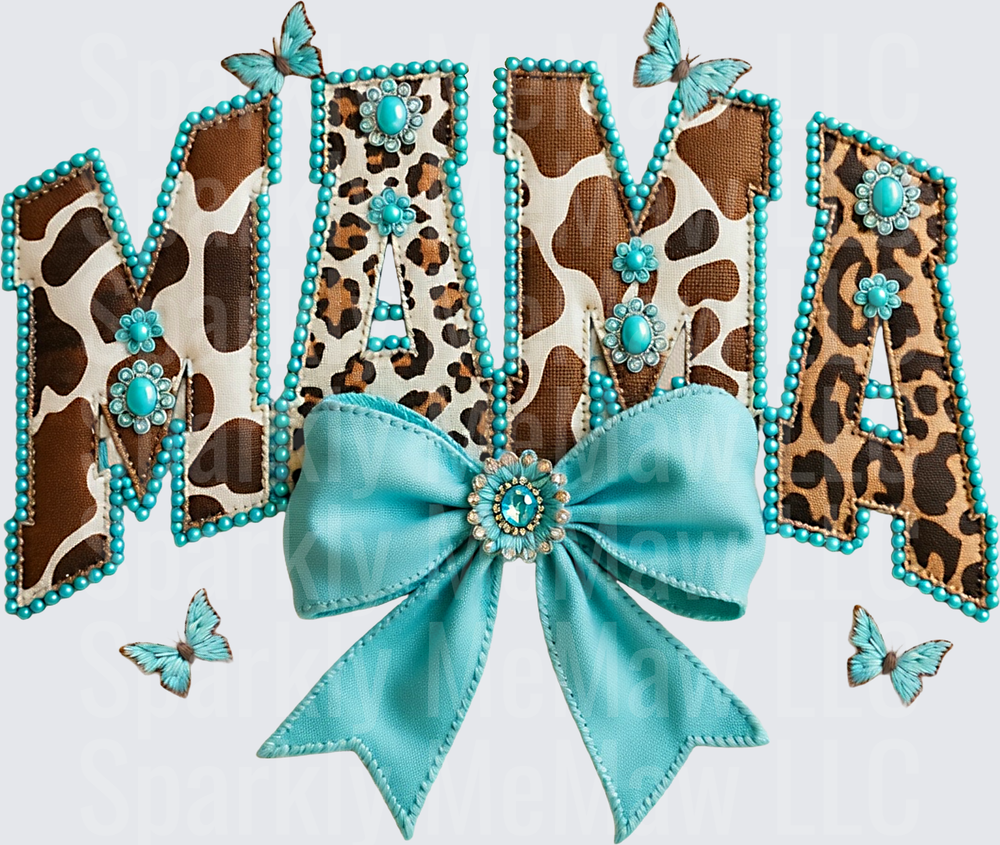 Leopard Print MAMA Letters with Turquoise Bow and Butterflies
