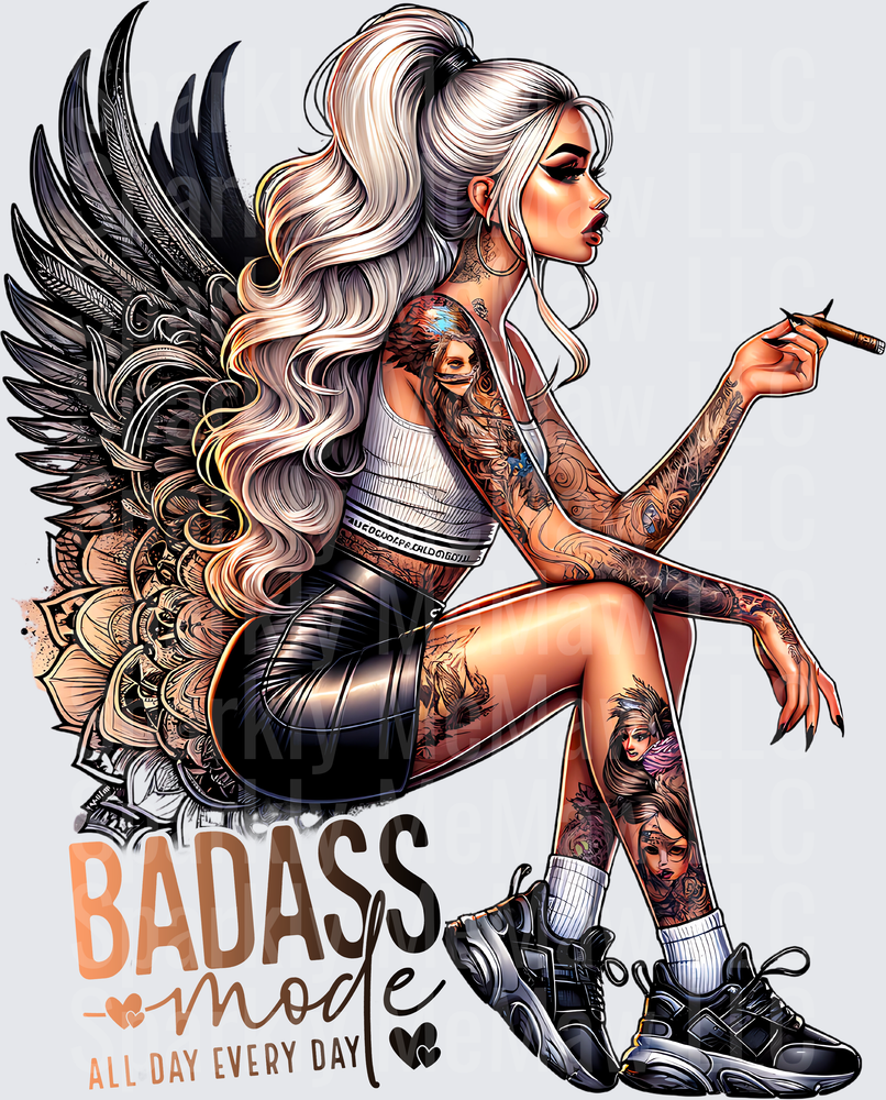 Badass Mode All Day Every Day Tattooed Angel Woman with Black Wings UV DTF Decal