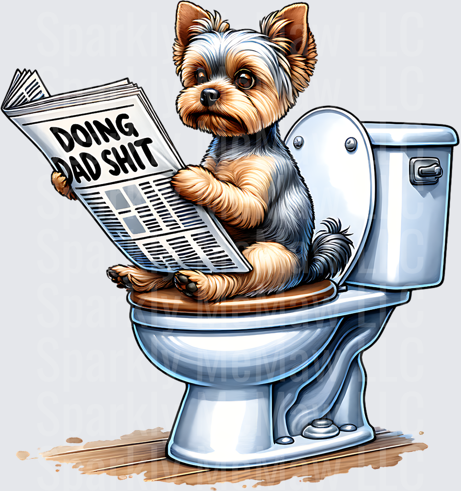 Yorkshire Terrier Reading Newspaper on Toilet Doing Dad Shit UV DTF Decal