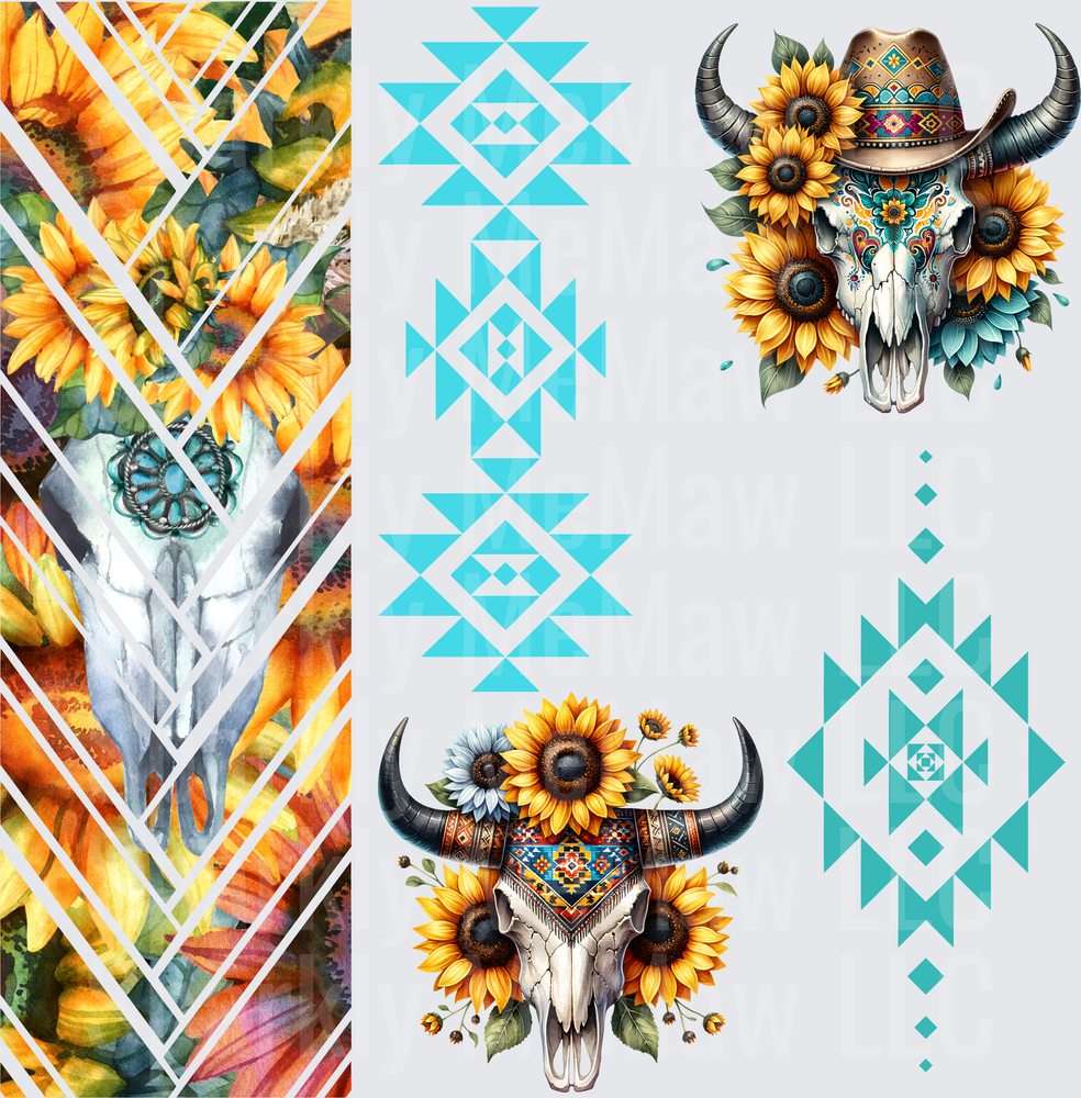 Western Boho Bull Skull Sunflower Aztec 10x10 Inch Sheet