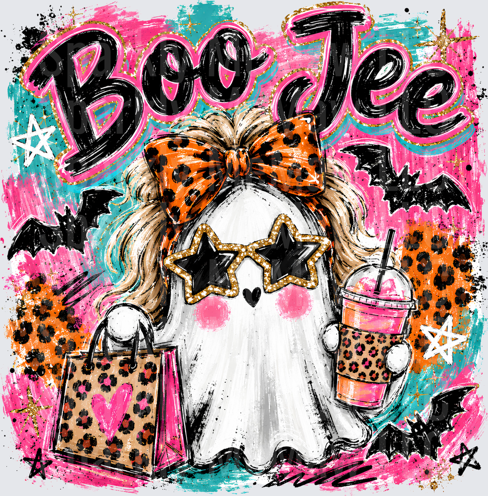 Boo Jee Ghost with Leopard Bow Star Sunglasses Iced Coffee Halloween DTF Transfer for Fabrics