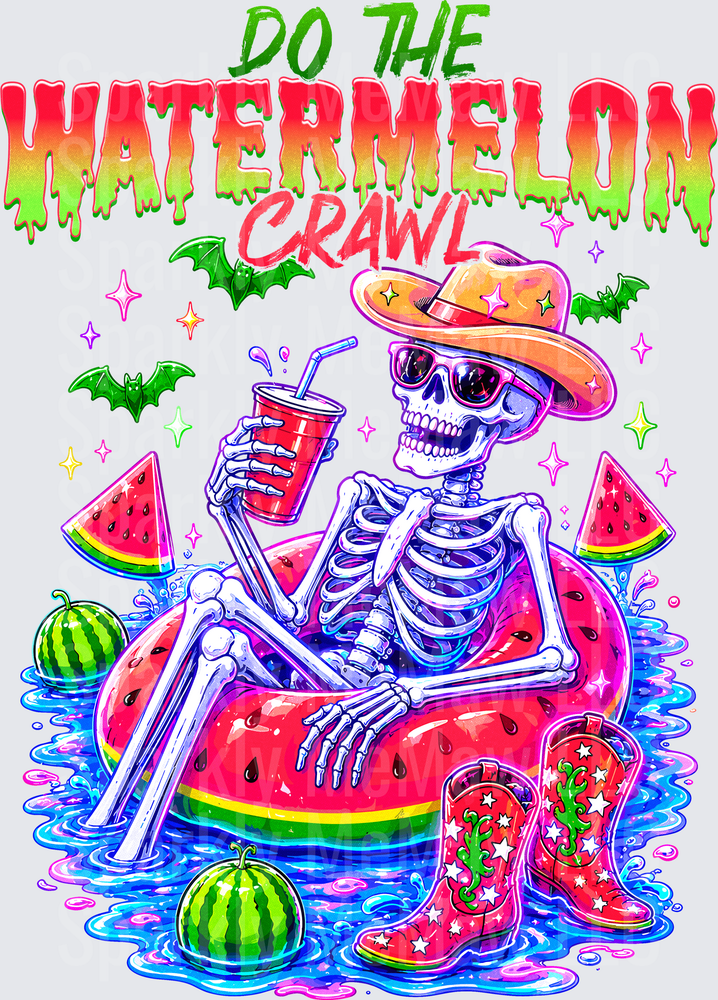 Do the Watermelon Crawl Skeleton in Cowboy Hat with Drink and Watermelons UV DTF Decal