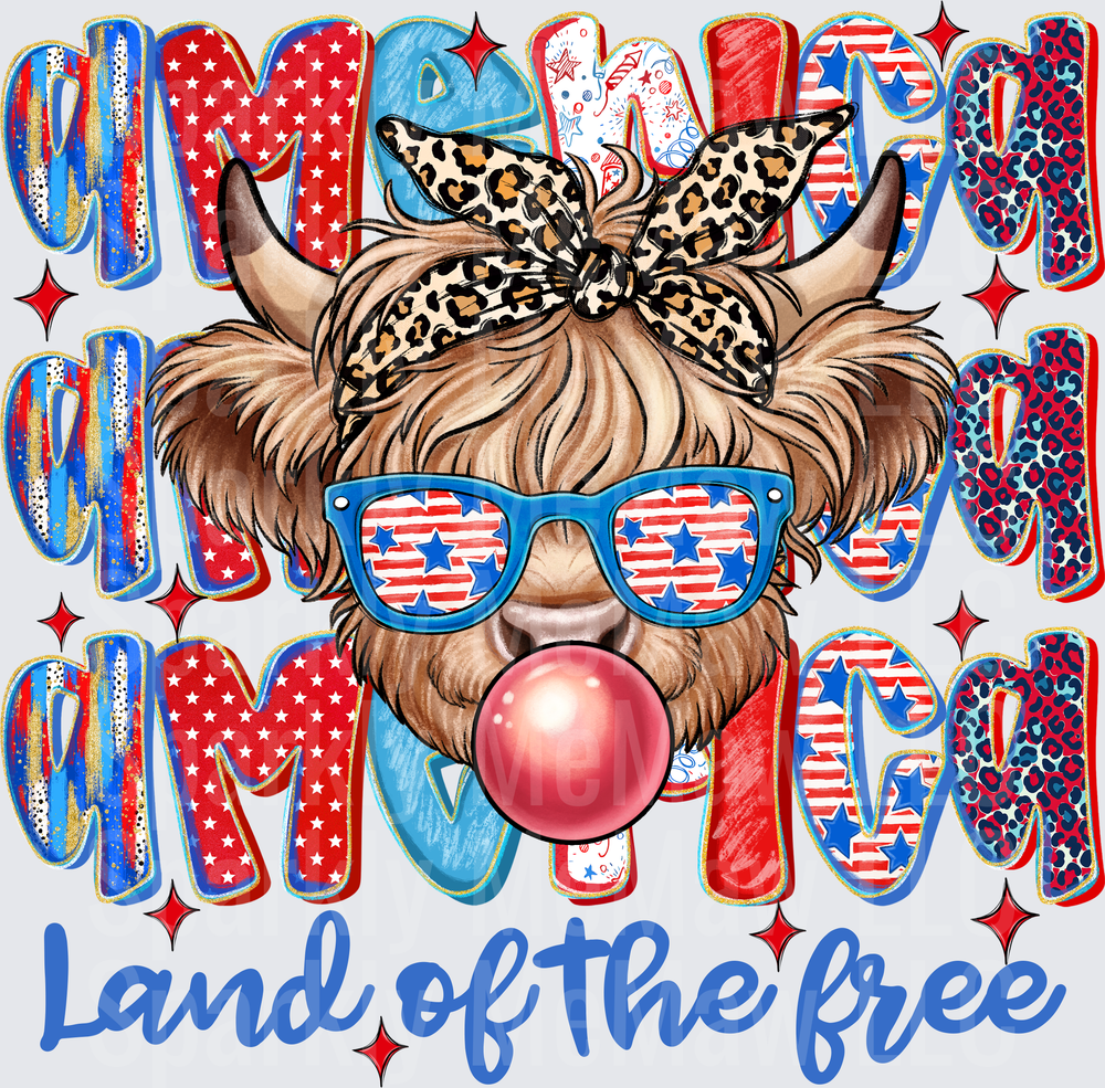 America Land of the Free Patriotic Highland Cow with Leopard Bandana Stars and Stripes Sunglasses Bubblegum 4th of July DTF Transfer for Fabrics