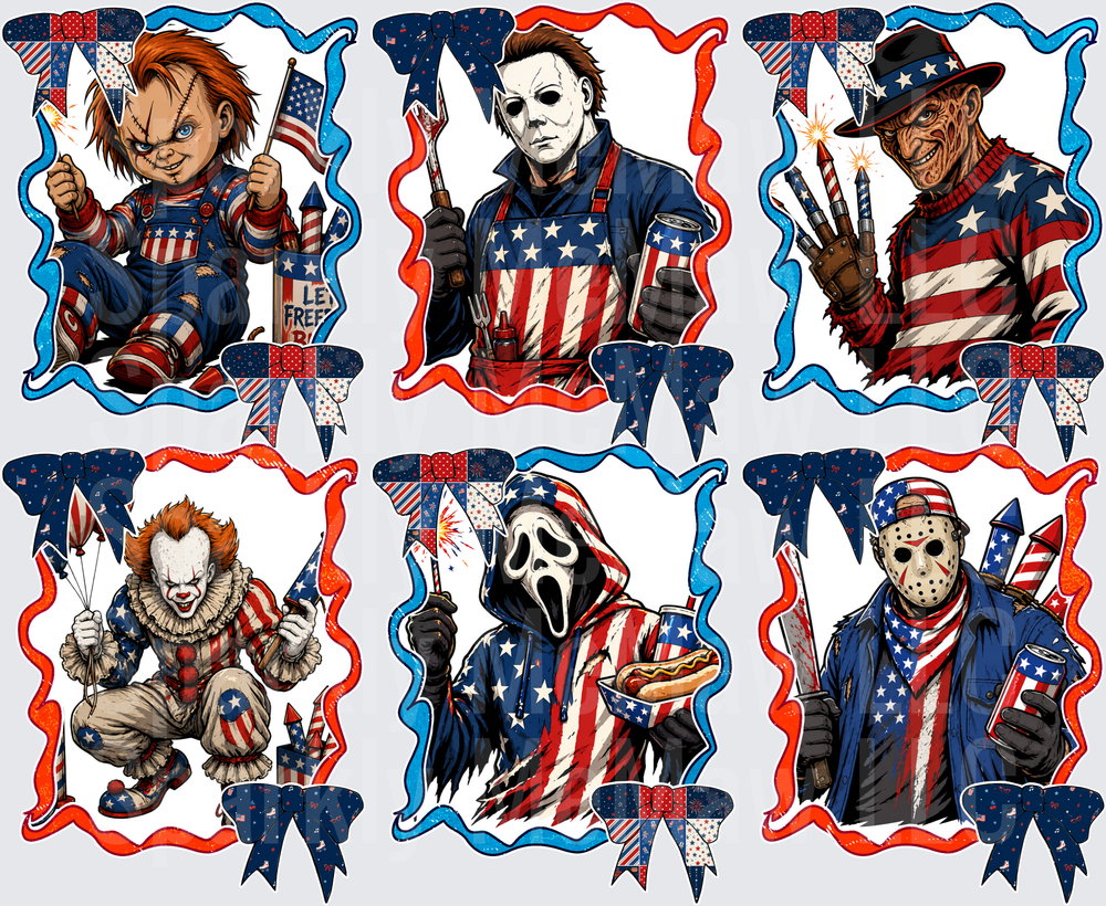 Horror Movie Villains Patriotic Fourth of July Collection DTF Transfer - Chucky Michael Myers Freddy Krueger Pennywise Ghostface Jason Voorhees American Flag Design for Fabric