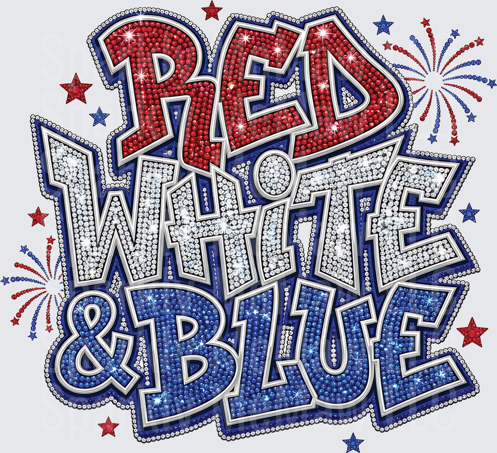 Red White and Blue Patriotic Rhinestone Style Text with Fireworks UV DTF Decal