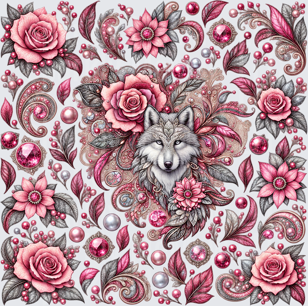 Floral Wolf Pink Jewel this is a 10x10 UV DTF Cut and stick sheet