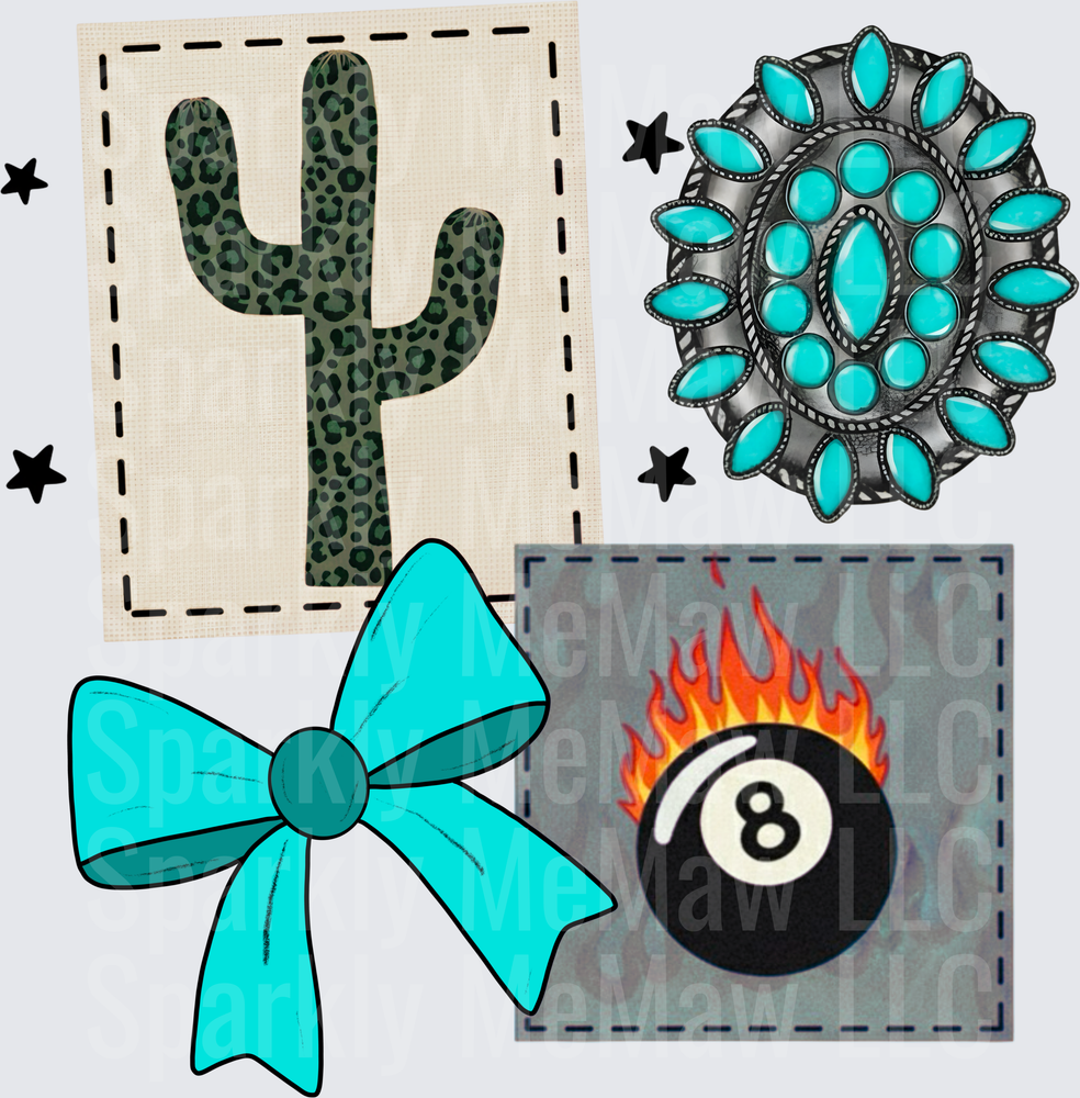 Leopard Print Cactus Turquoise Concho Bow Flaming 8 Ball Western Mix UV DTF Decal