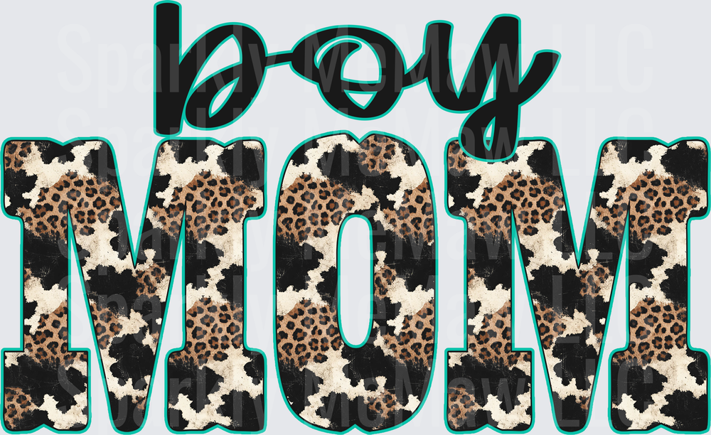 Boy Mom Leopard and Cowhide Print Teal Outline DTF Transfer (fabrics)