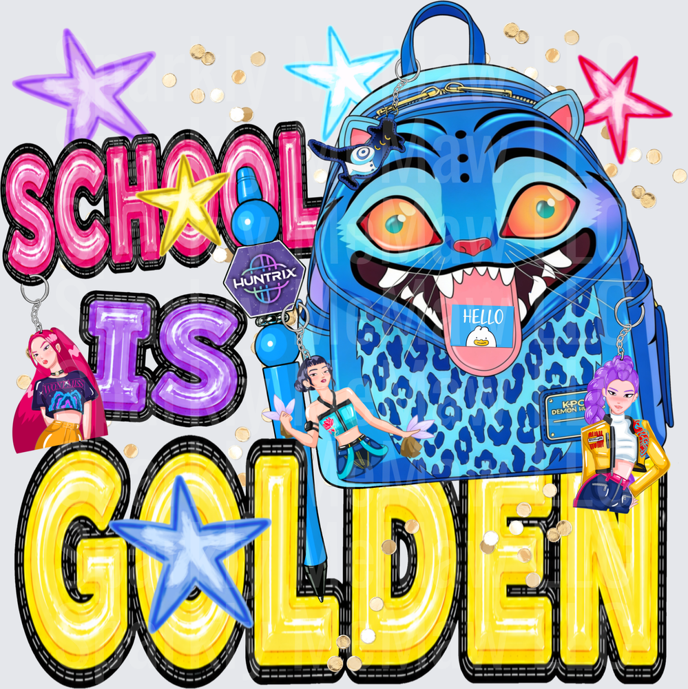 School is Golden Back to School Monster Backpack with Stars and Characters DTF Transfer for Fabric