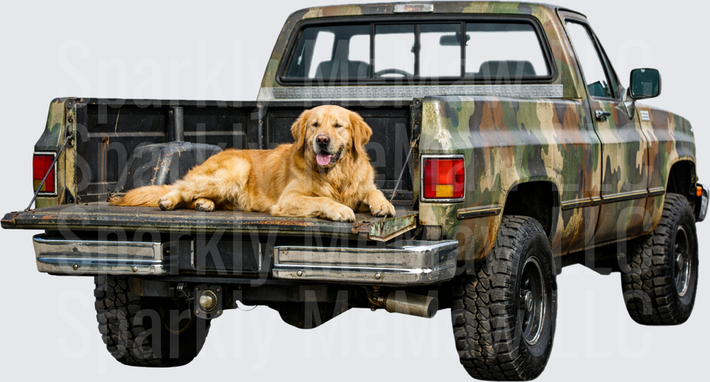 Golden Retriever Dog in Camouflage Pickup Truck Bed UV DTF Decal