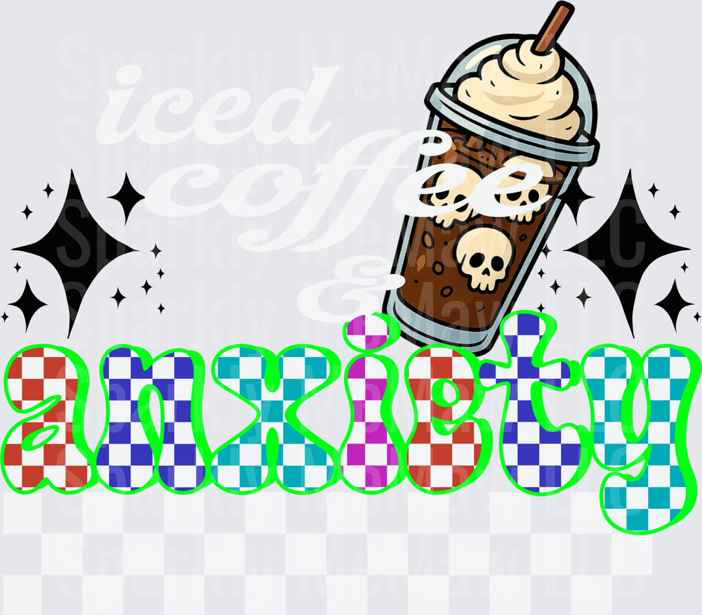 Spooky Iced Coffee with Skulls and Checkered Autobgy Text DTF Transfer for Fabric