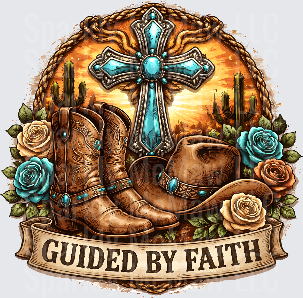 Guided By Faith Western Cross Cowboy Boots Hat Desert Roses UV DTF Decal