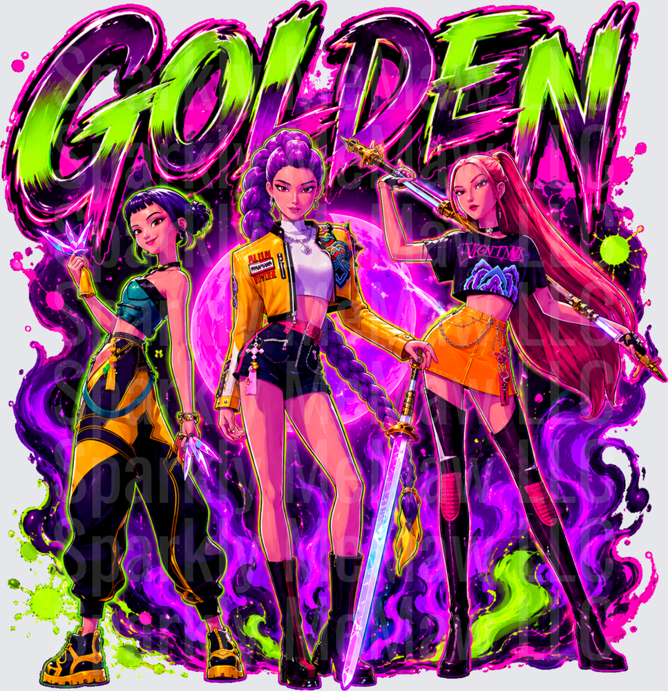 Golden Anime Girl Squad Neon Warrior Three Baddie Characters with Magic Swords Purple Moon DTF Transfer for fabrics