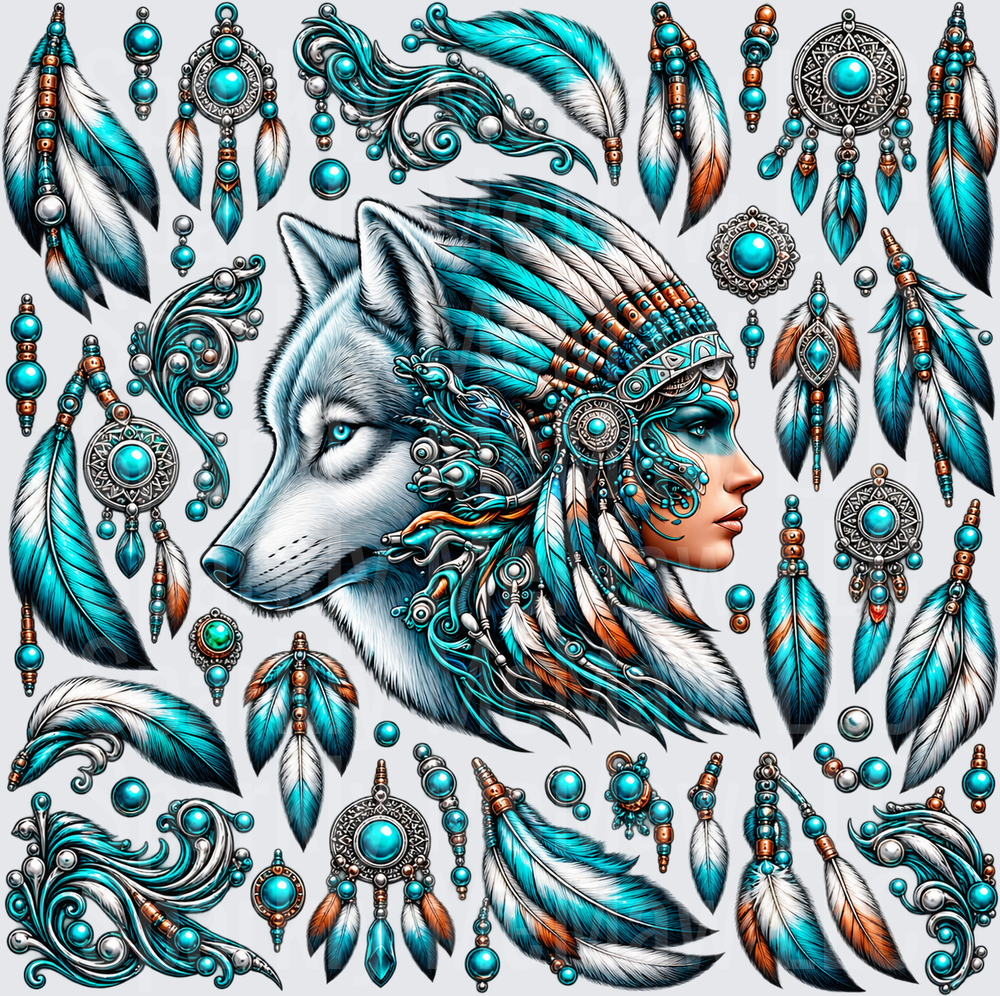 Native Wolf Woman Turquoise Boho is a 10x10 UV DTF Cut and stick sheet
