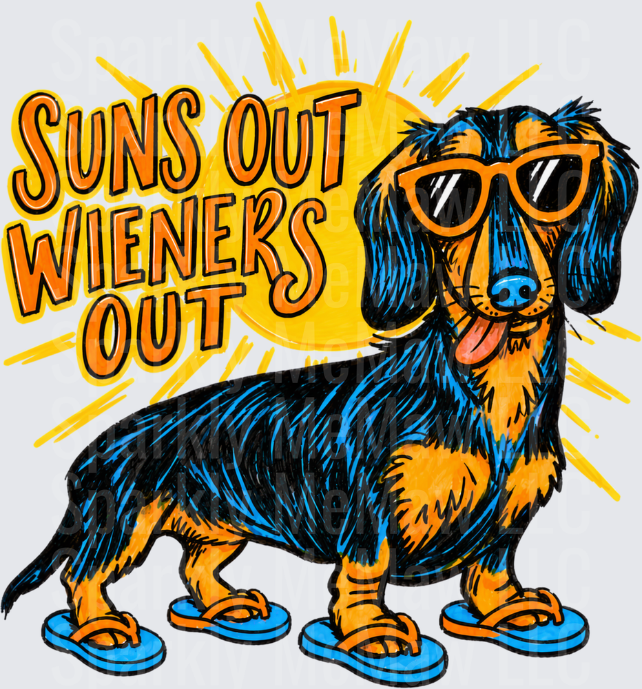 Suns Out Wieners Out Dachshund Dog with Sunglasses and Flip Flops Summer Design DTF Transfer