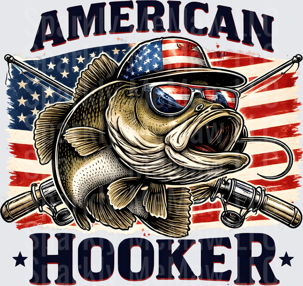 American Hooker Bass Fish with Sunglasses and Fishing Rods Flag Design