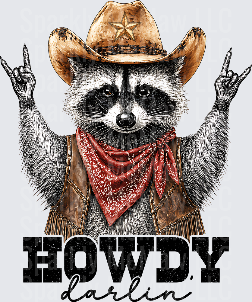Howdy Darlin Raccoon Cowboy with Rock Horns and Bandana UV DTF Decal