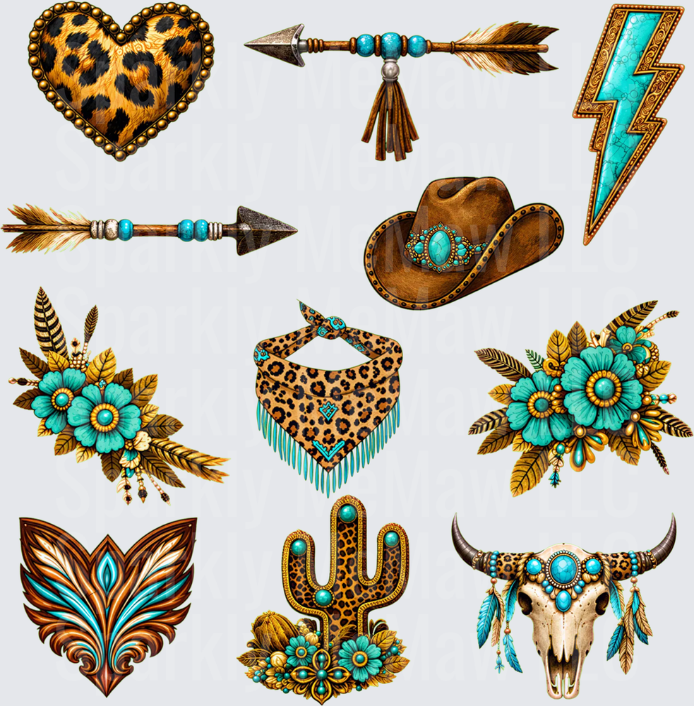 Western Boho Turquoise Leopard Bundle - Cowboy Hat Bull Skull Cactus Floral Arrows Lightning Bolt UV DTF 10x10 Element Sheet