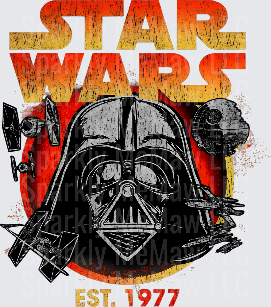 Star Wars Darth Vader Helmet with TIE Fighters Death Star Vintage Distressed Est 1977 DTF Transfer for Fabric