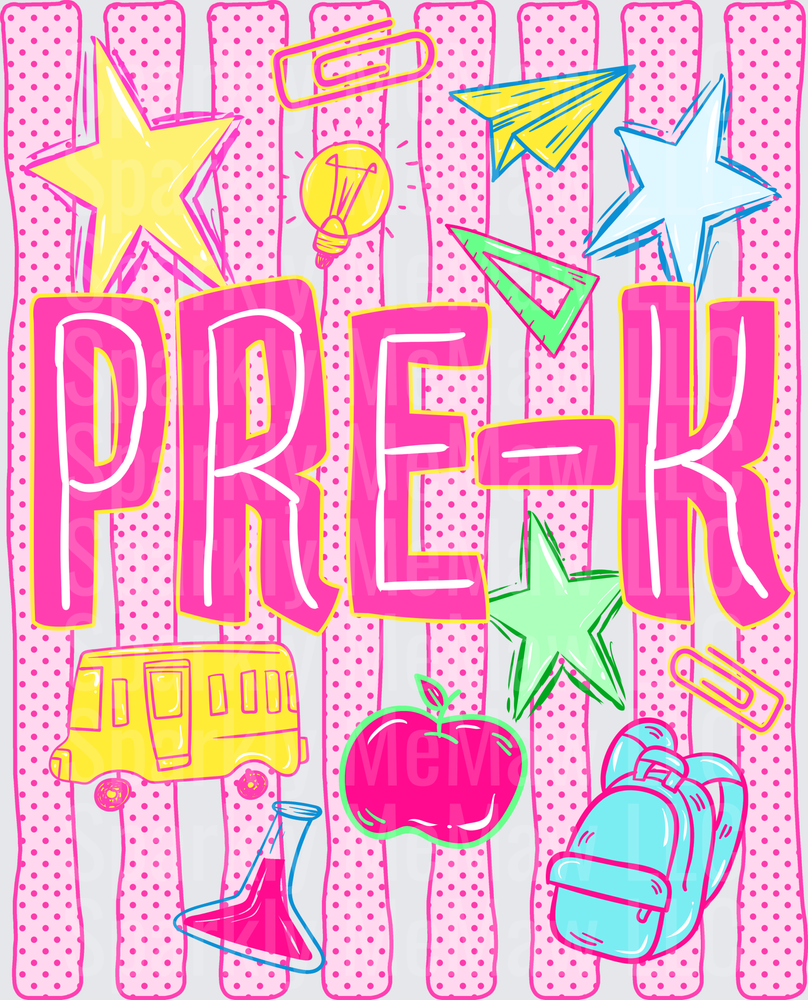 Pre-K School Icons Pink Polka Dot Background DTF Transfer for Fabric