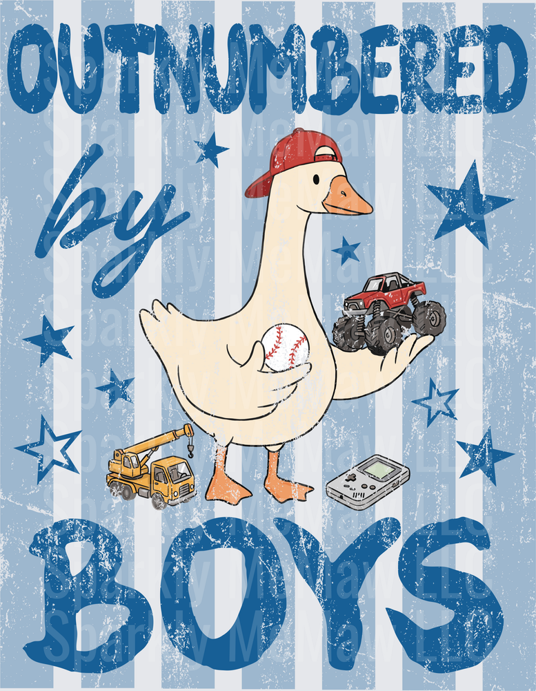Outnumbered by Boys Goose with Baseball Monster Truck and Toys DTF Transfer for Fabric