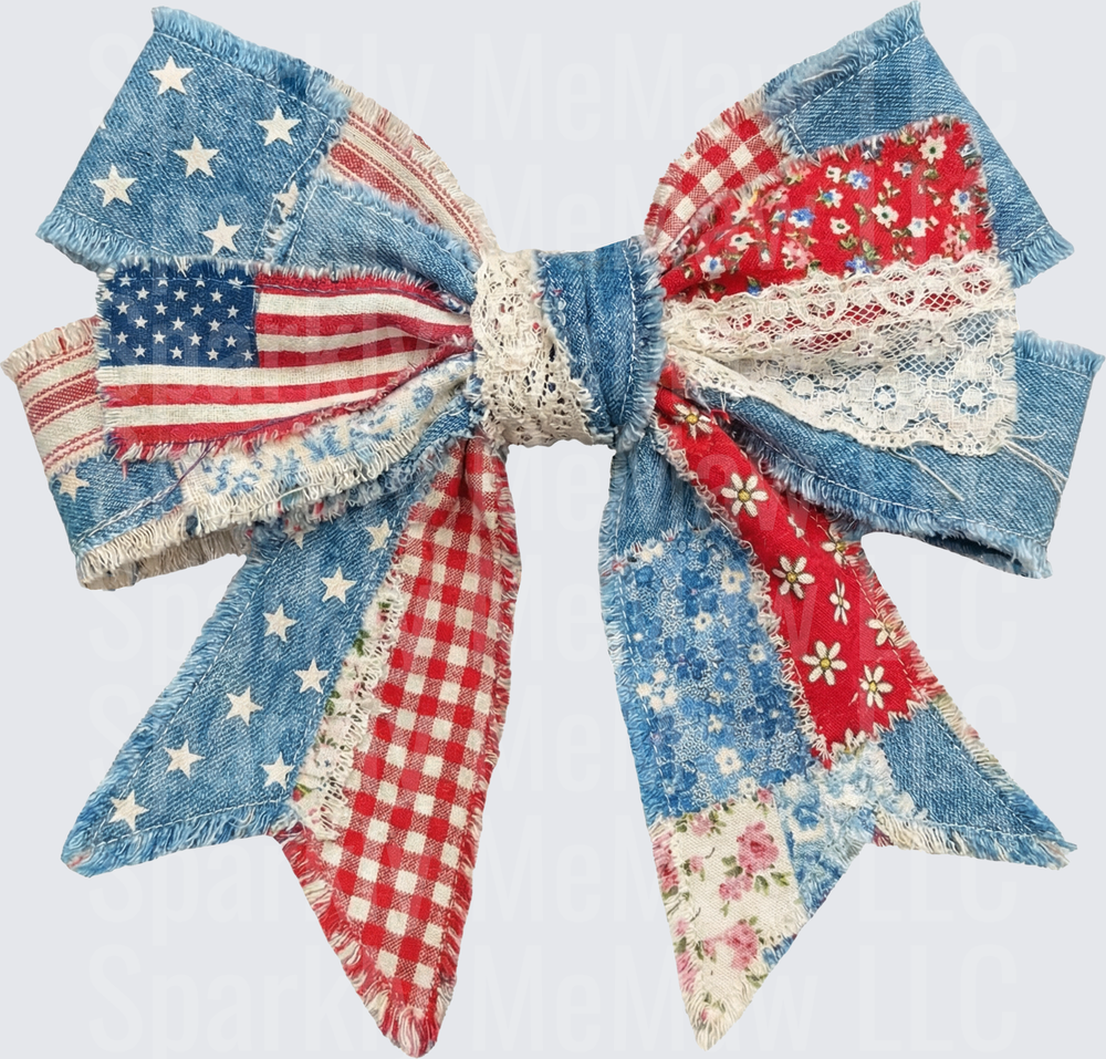 Rustic American Flag Patchwork Bow with Denim Stars and Gingham