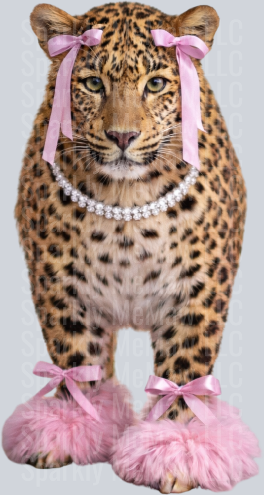 Glamorous Leopard with Pink Bows Pearl Necklace and Fluffy Slippers UV DTF Decal